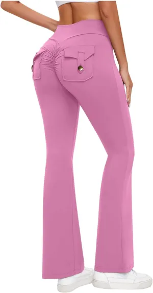Womens Casual Yoga Pants Solid Elastic High Waist Lifting Leggings Outdoor Fitness Sports Tights with Flap Pockets