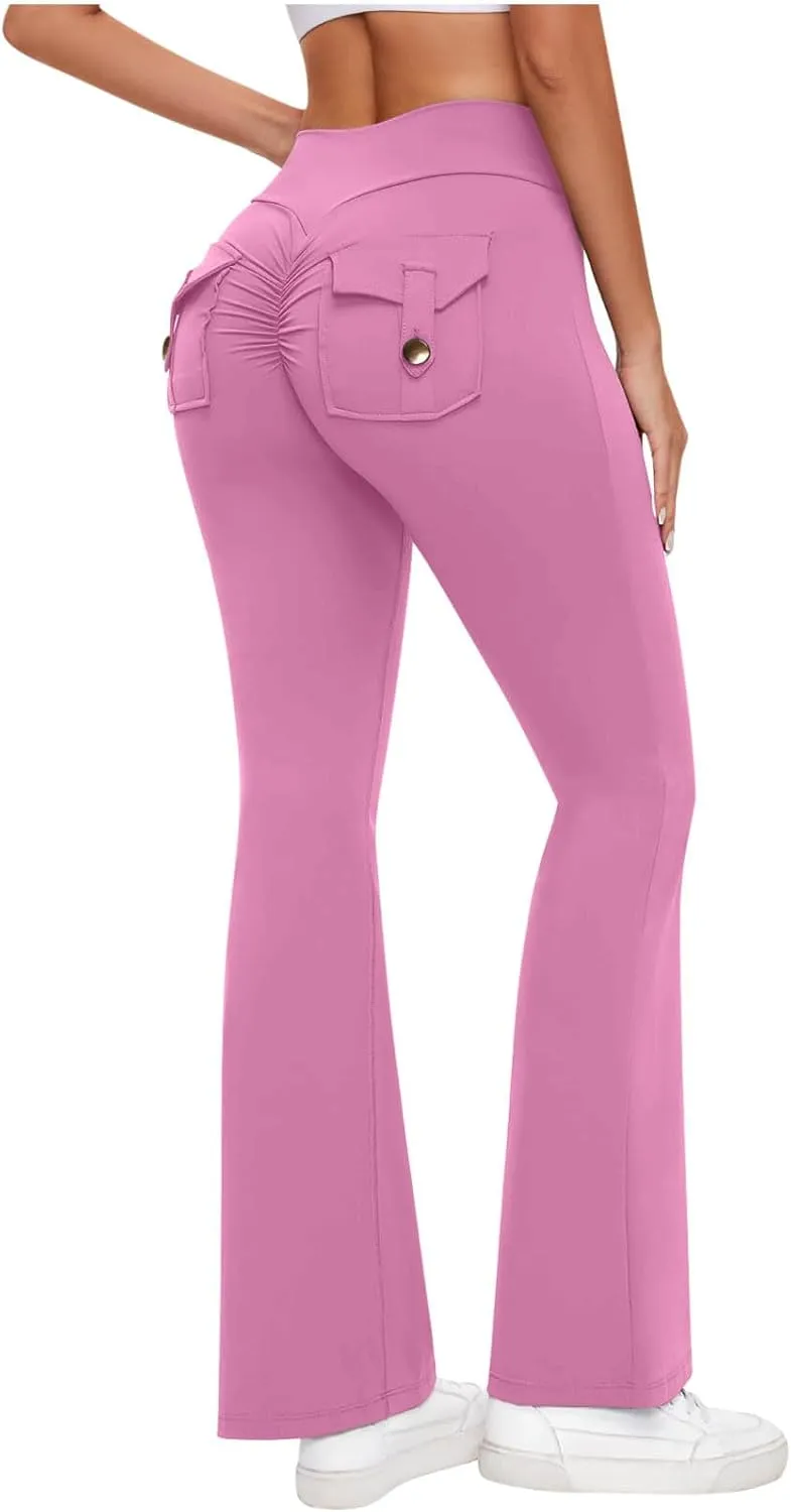 Womens Casual Yoga Pants Solid Elastic High Waist Lifting Leggings Outdoor Fitness Sports Tights with Flap Pockets