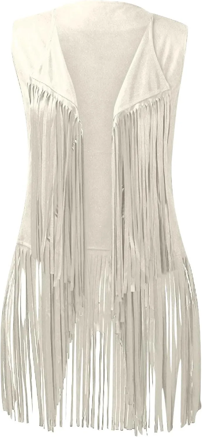 Womens Concert Outfits Fringe Vest Faux Suede Tassels Open Front Sleeveless Jacket 70s Cowgirls Western Hippie Clothes