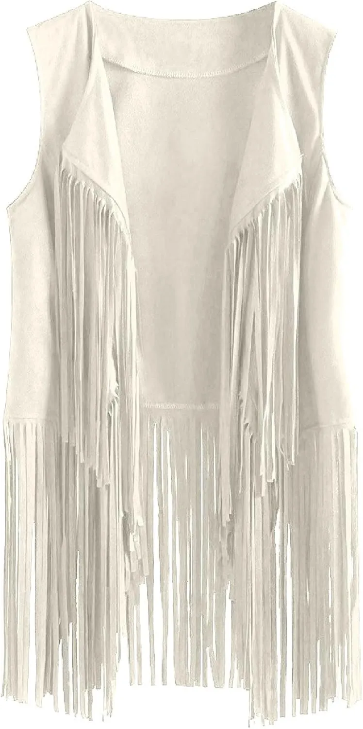 Womens Concert Outfits Fringe Vest Faux Suede Tassels Open Front Sleeveless Jacket 70s Cowgirls Western Hippie Clothes
