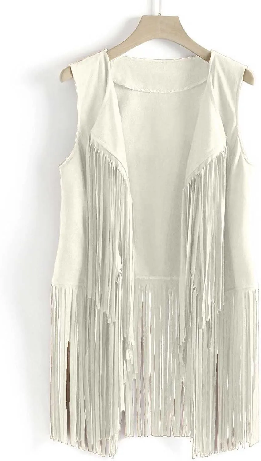 Womens Concert Outfits Fringe Vest Faux Suede Tassels Open Front Sleeveless Jacket 70s Cowgirls Western Hippie Clothes
