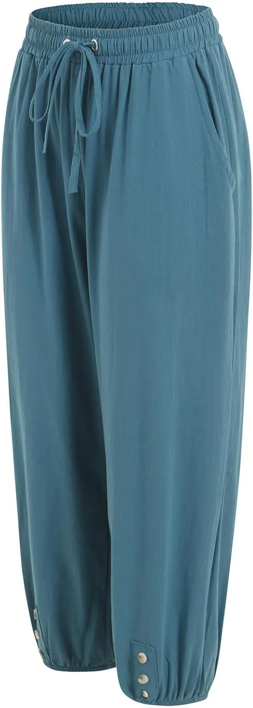 Women's Cotton Linen Capris Pants Elastic Drawstring Casual Summer Plus Size Wide Leg Waist Cropped Trouser