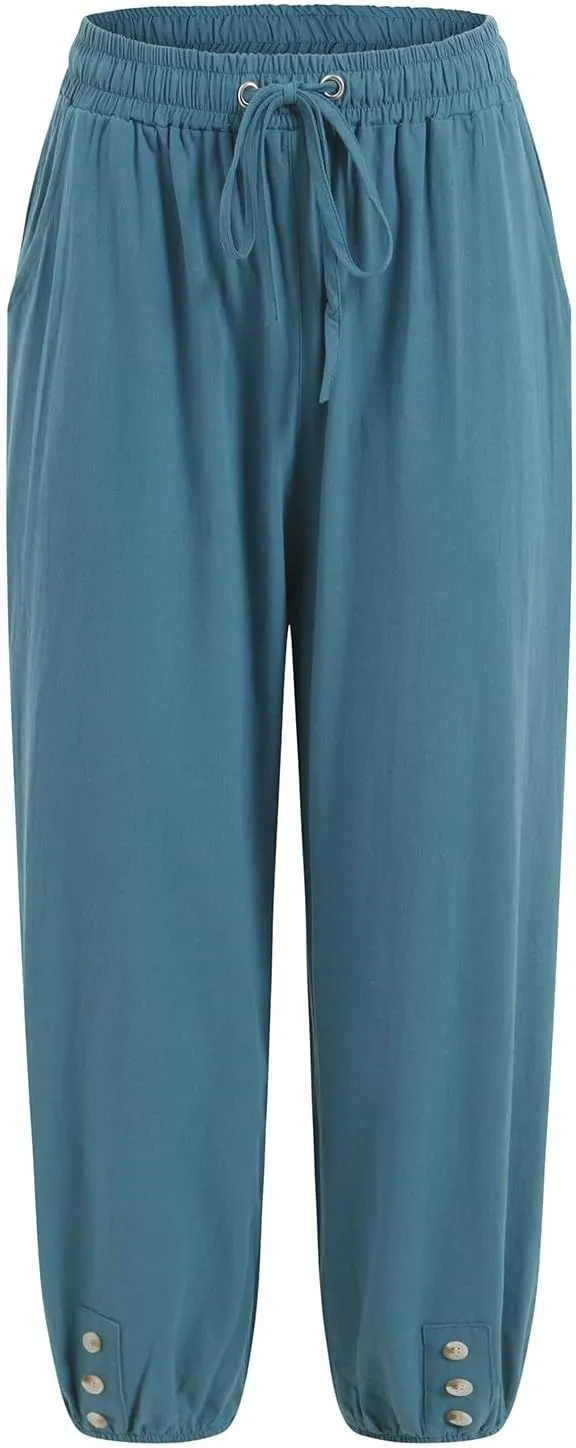Women's Cotton Linen Capris Pants Elastic Drawstring Casual Summer Plus Size Wide Leg Waist Cropped Trouser