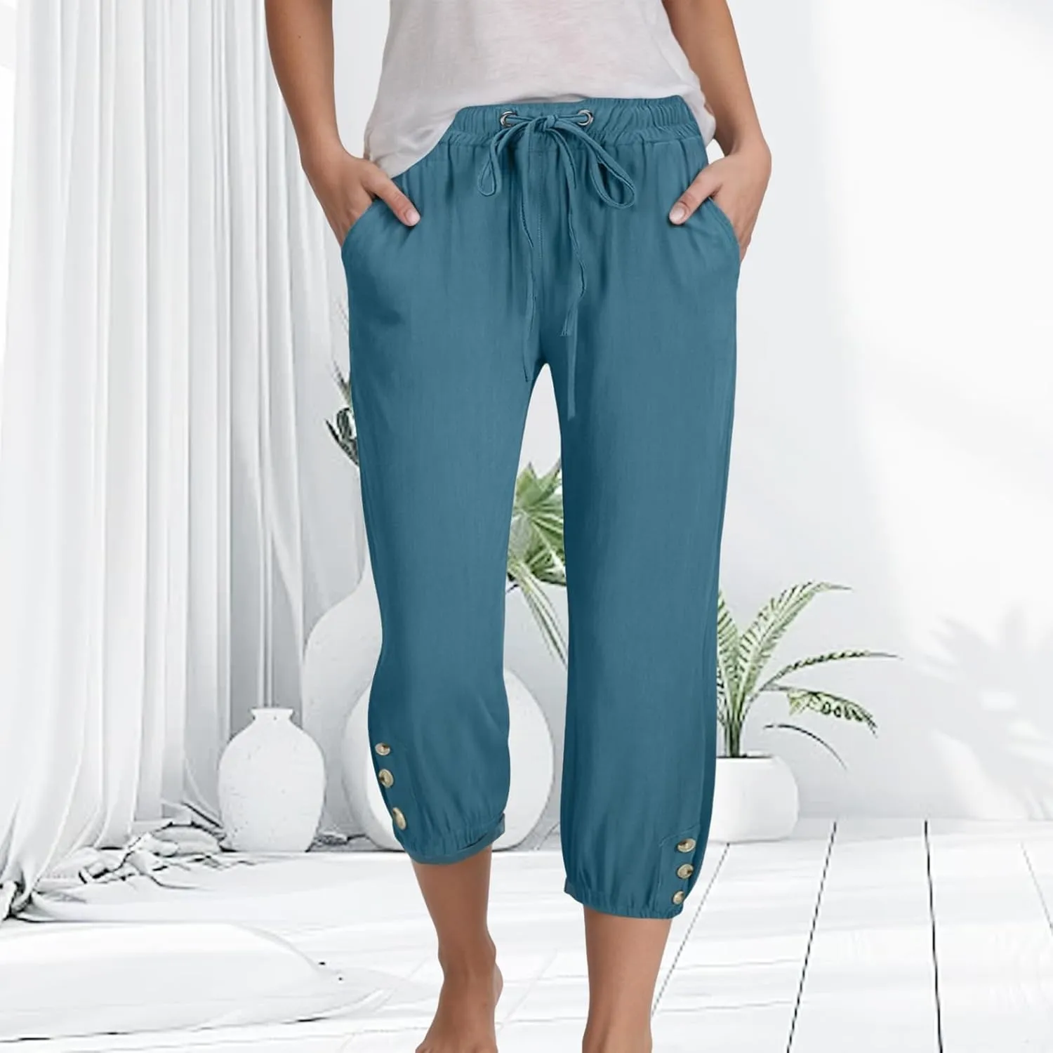 Women's Cotton Linen Capris Pants Elastic Drawstring Casual Summer Plus Size Wide Leg Waist Cropped Trouser