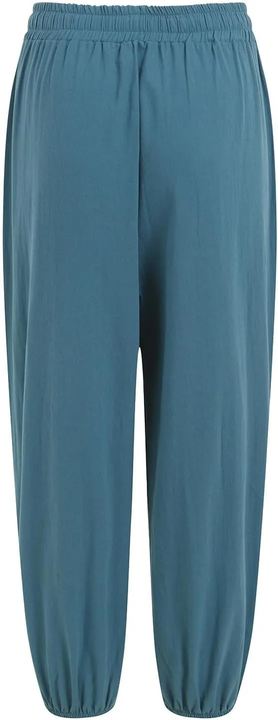Women's Cotton Linen Capris Pants Elastic Drawstring Casual Summer Plus Size Wide Leg Waist Cropped Trouser
