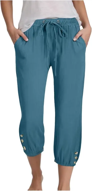 Women's Cotton Linen Capris Pants Elastic Drawstring Casual Summer Plus Size Wide Leg Waist Cropped Trouser