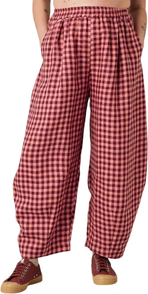 Women's Cotton Linen Harem Plaid Pants Elastic Waist Wide Leg Pants Loose Lightweight Trousers with Pockets