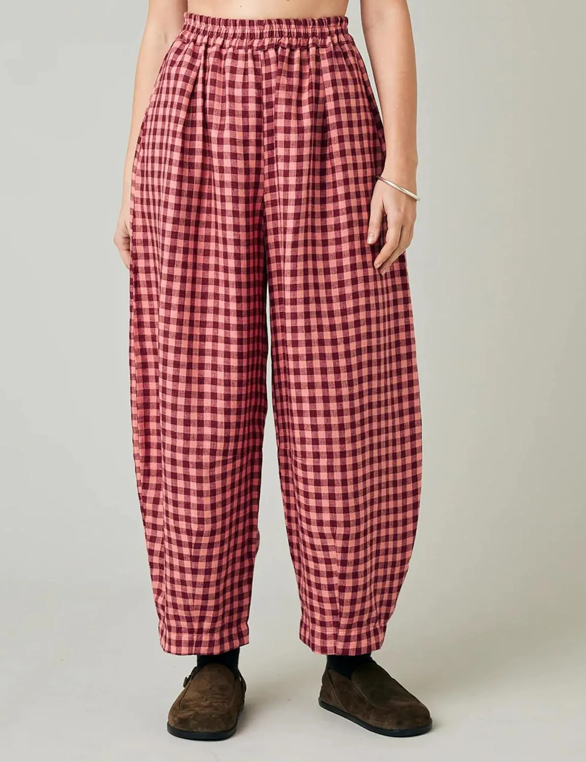 Women's Cotton Linen Harem Plaid Pants Elastic Waist Wide Leg Pants Loose Lightweight Trousers with Pockets