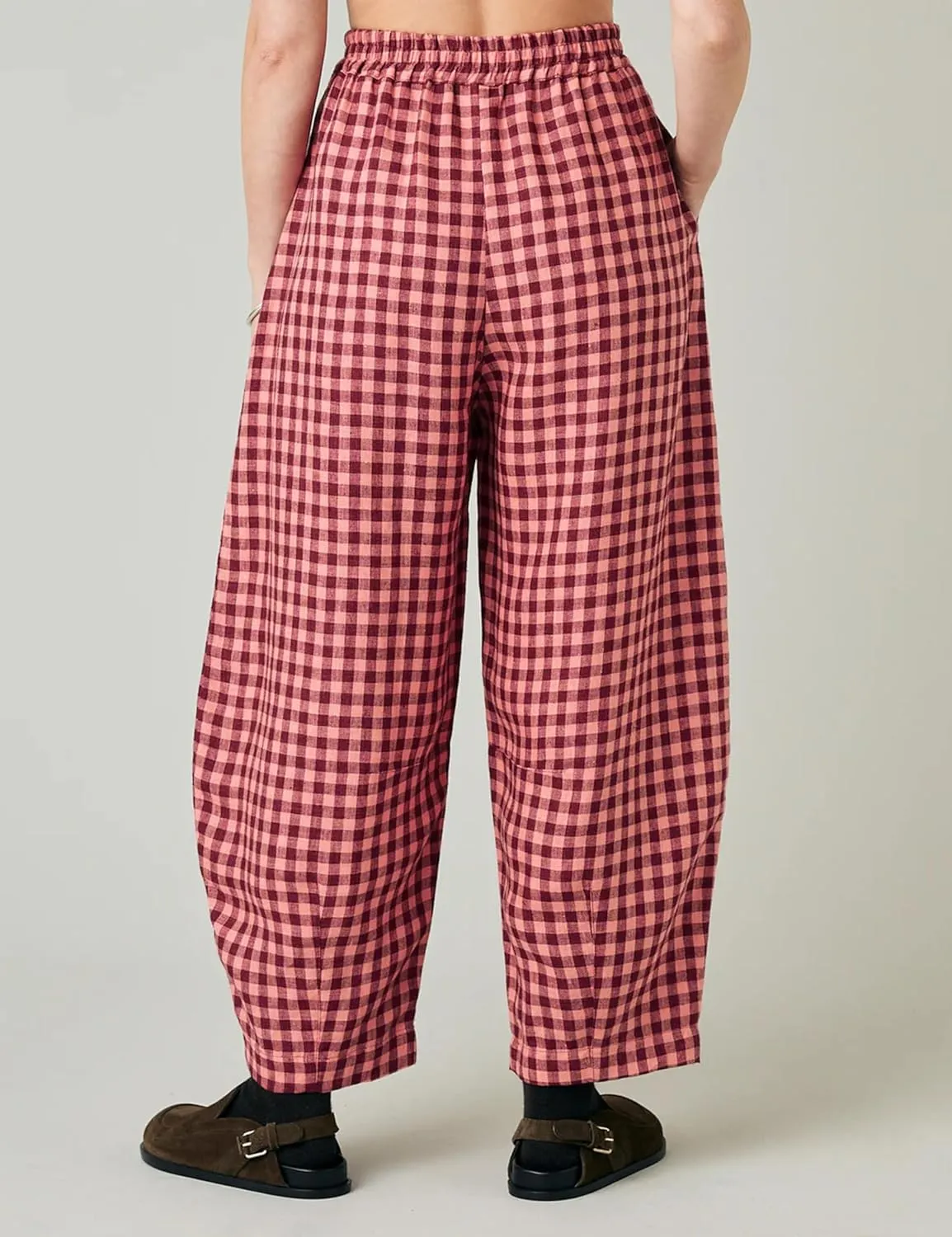 Women's Cotton Linen Harem Plaid Pants Elastic Waist Wide Leg Pants Loose Lightweight Trousers with Pockets