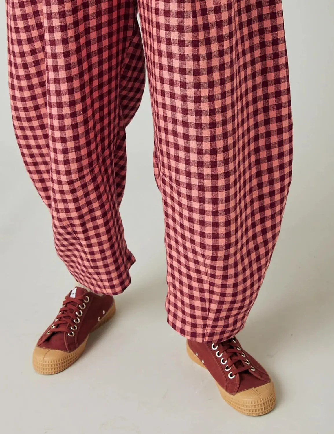 Women's Cotton Linen Harem Plaid Pants Elastic Waist Wide Leg Pants Loose Lightweight Trousers with Pockets
