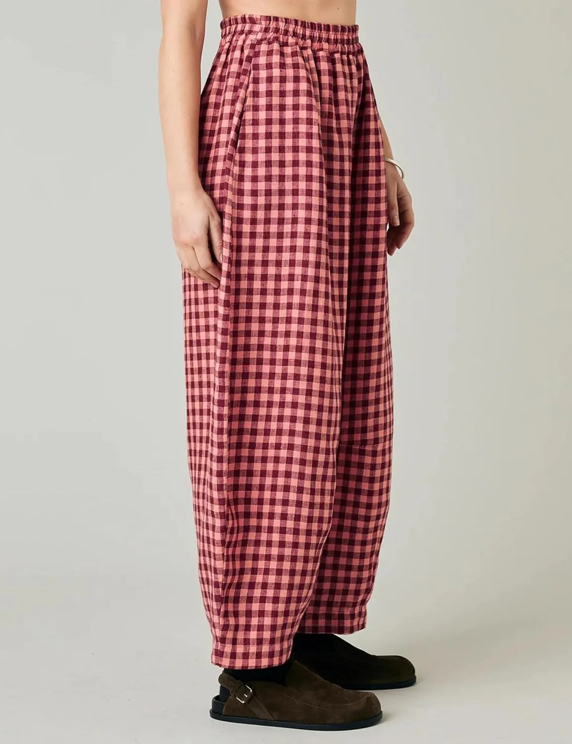 Women's Cotton Linen Harem Plaid Pants Elastic Waist Wide Leg Pants Loose Lightweight Trousers with Pockets