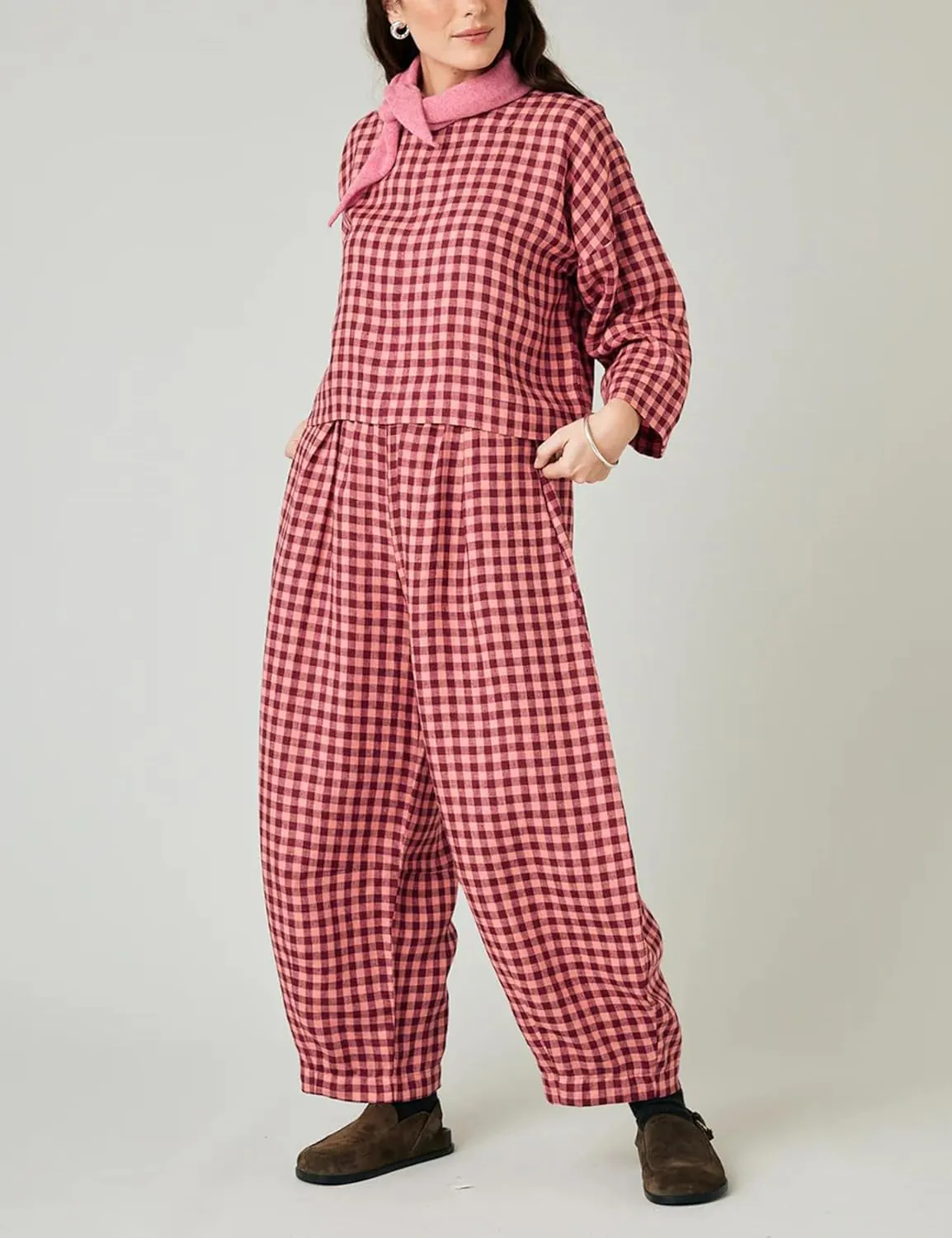 Women's Cotton Linen Harem Plaid Pants Elastic Waist Wide Leg Pants Loose Lightweight Trousers with Pockets