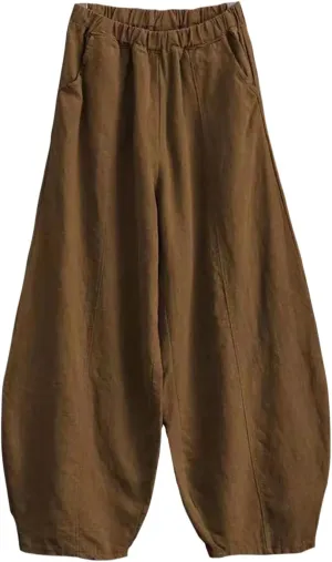 Women's Cotton Linen Jogger Pants Wide Leg Elastic High Waist Lantern Trousers Loose Fit Casual Summer Baggy Pants
