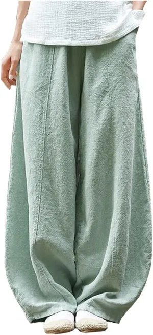 Women's Cotton Linen Jogger Pants Wide Leg Elastic High Waist Lantern Trousers Loose Fit Casual Summer Baggy Pants