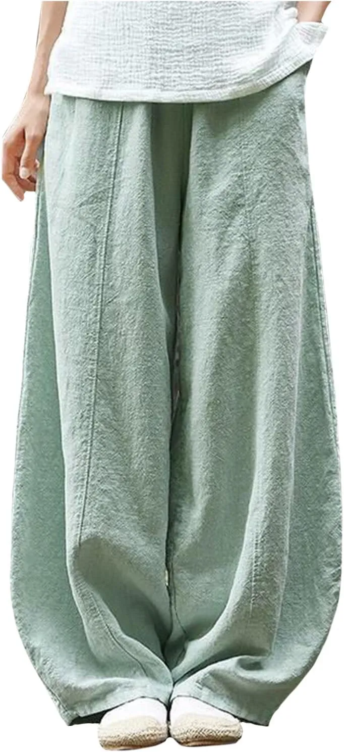 Women's Cotton Linen Jogger Pants Wide Leg Elastic High Waist Lantern Trousers Loose Fit Casual Summer Baggy Pants