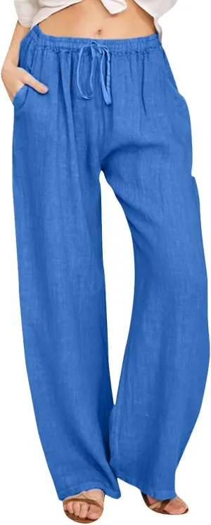 Women's Cotton Linen Pants Elastic Waist Trousers Casual Lightweight Pant Drawstring Wide Leg Pant Summer Beach Pant