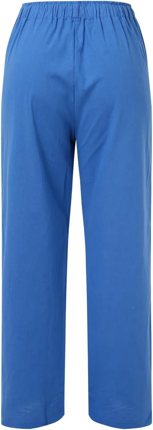 Women's Cotton Linen Pants Elastic Waist Trousers Casual Lightweight Pant Drawstring Wide Leg Pant Summer Beach Pant