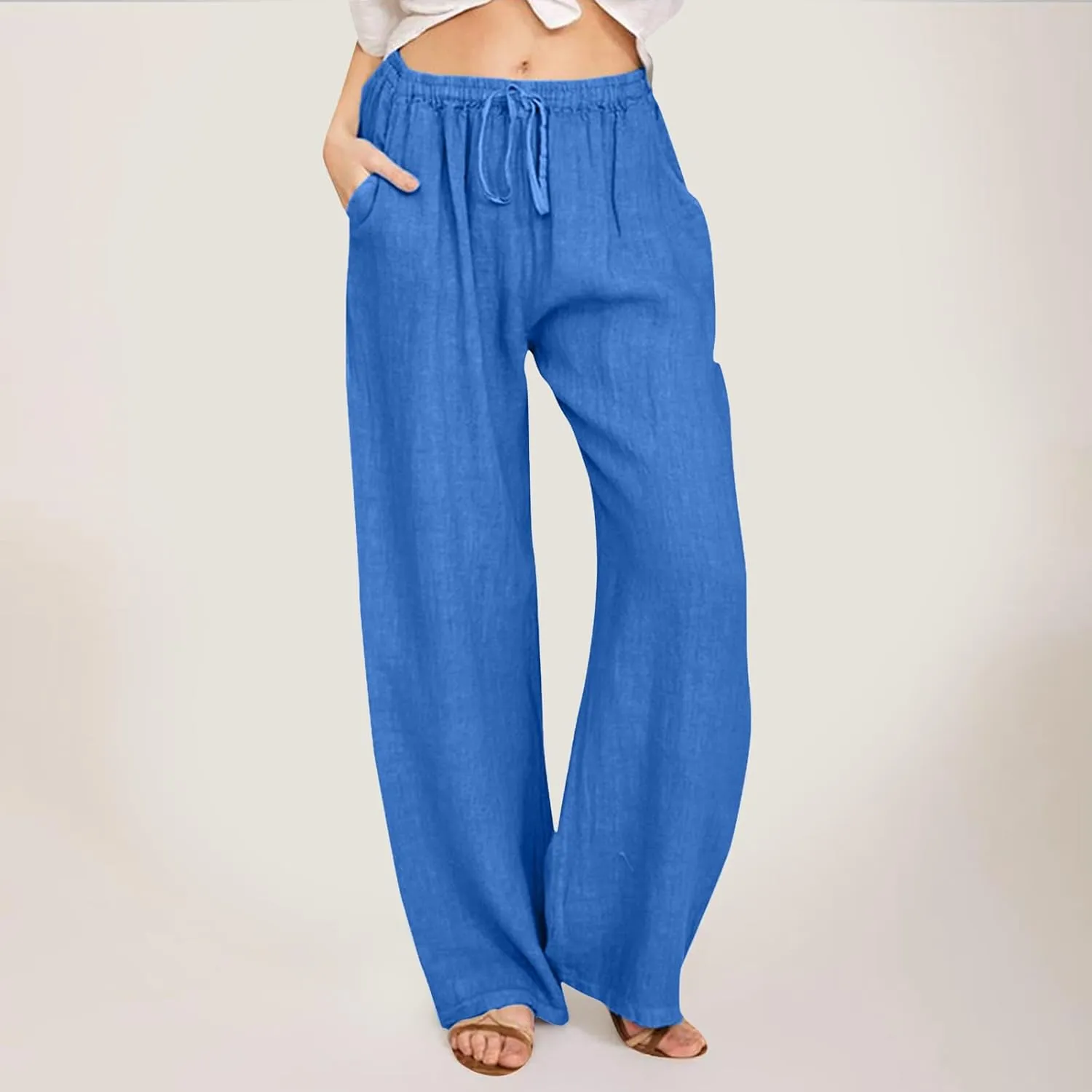 Women's Cotton Linen Pants Elastic Waist Trousers Casual Lightweight Pant Drawstring Wide Leg Pant Summer Beach Pant