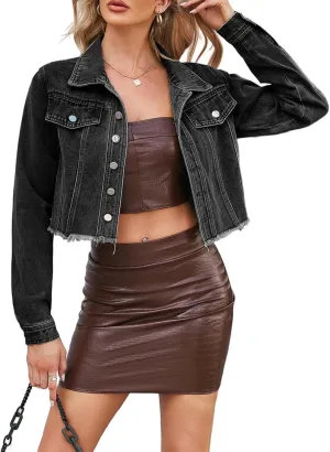 Women's Denim Jackets Long Sleeve Button Down Short Denim-Jacket Classic Cropped Jean Jacket with Pockets