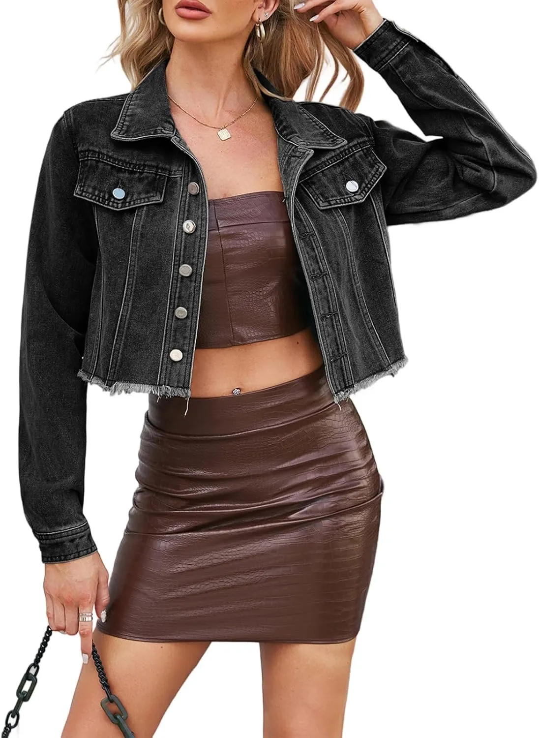 Women's Denim Jackets Long Sleeve Button Down Short Denim-Jacket Classic Cropped Jean Jacket with Pockets