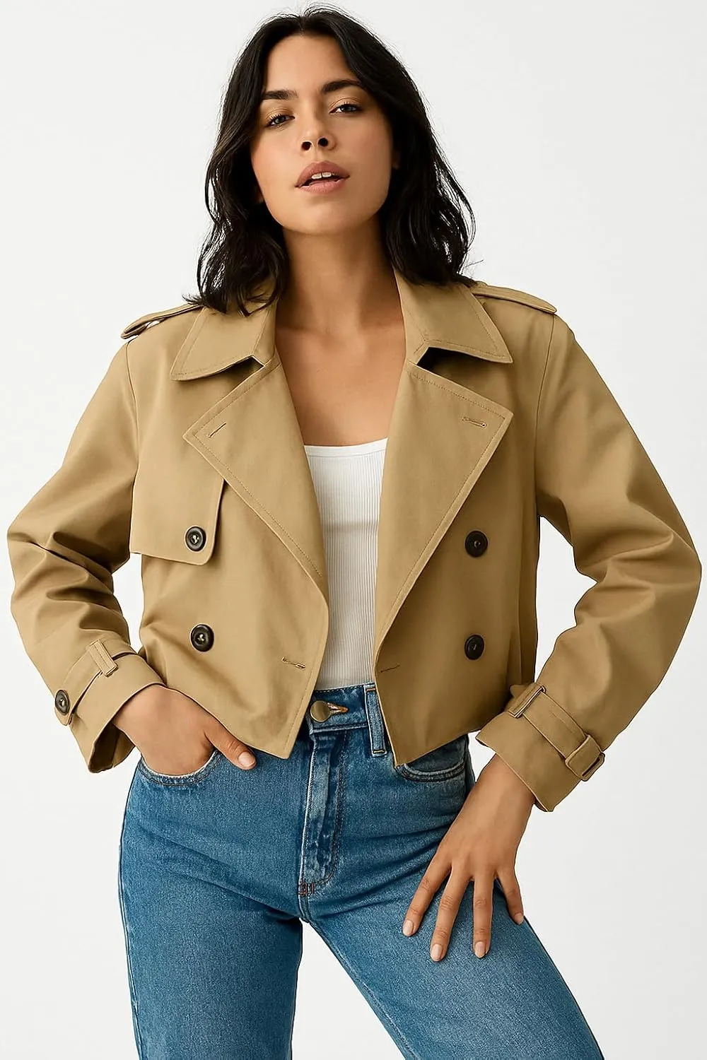 Womens Double Breasted Cropped Trench Coat Long Sleeve - Notched Lapel Crop Spring Short Jacket for Women