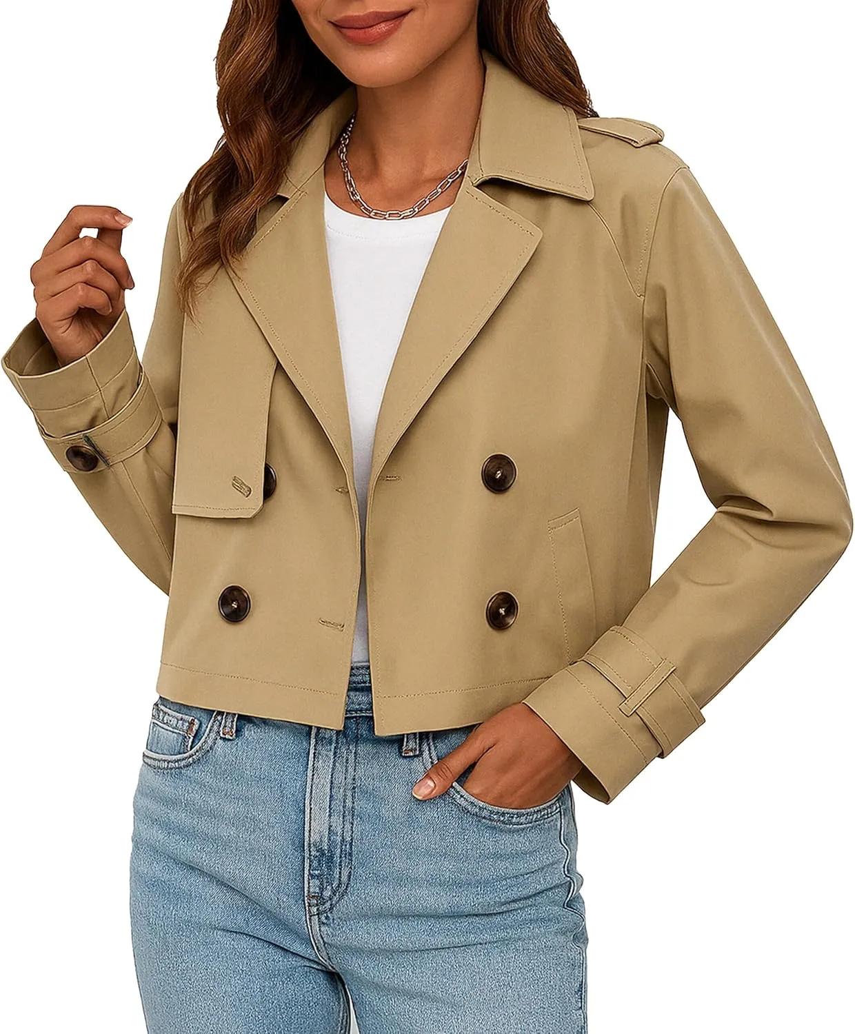 Womens Double Breasted Cropped Trench Coat Long Sleeve - Notched Lapel Crop Spring Short Jacket for Women