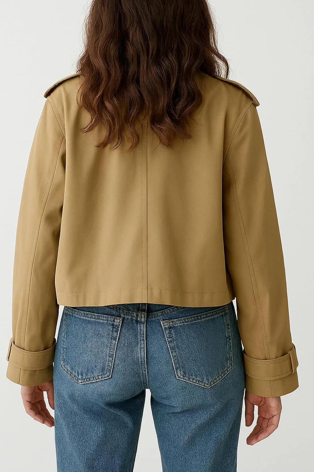 Womens Double Breasted Cropped Trench Coat Long Sleeve - Notched Lapel Crop Spring Short Jacket for Women