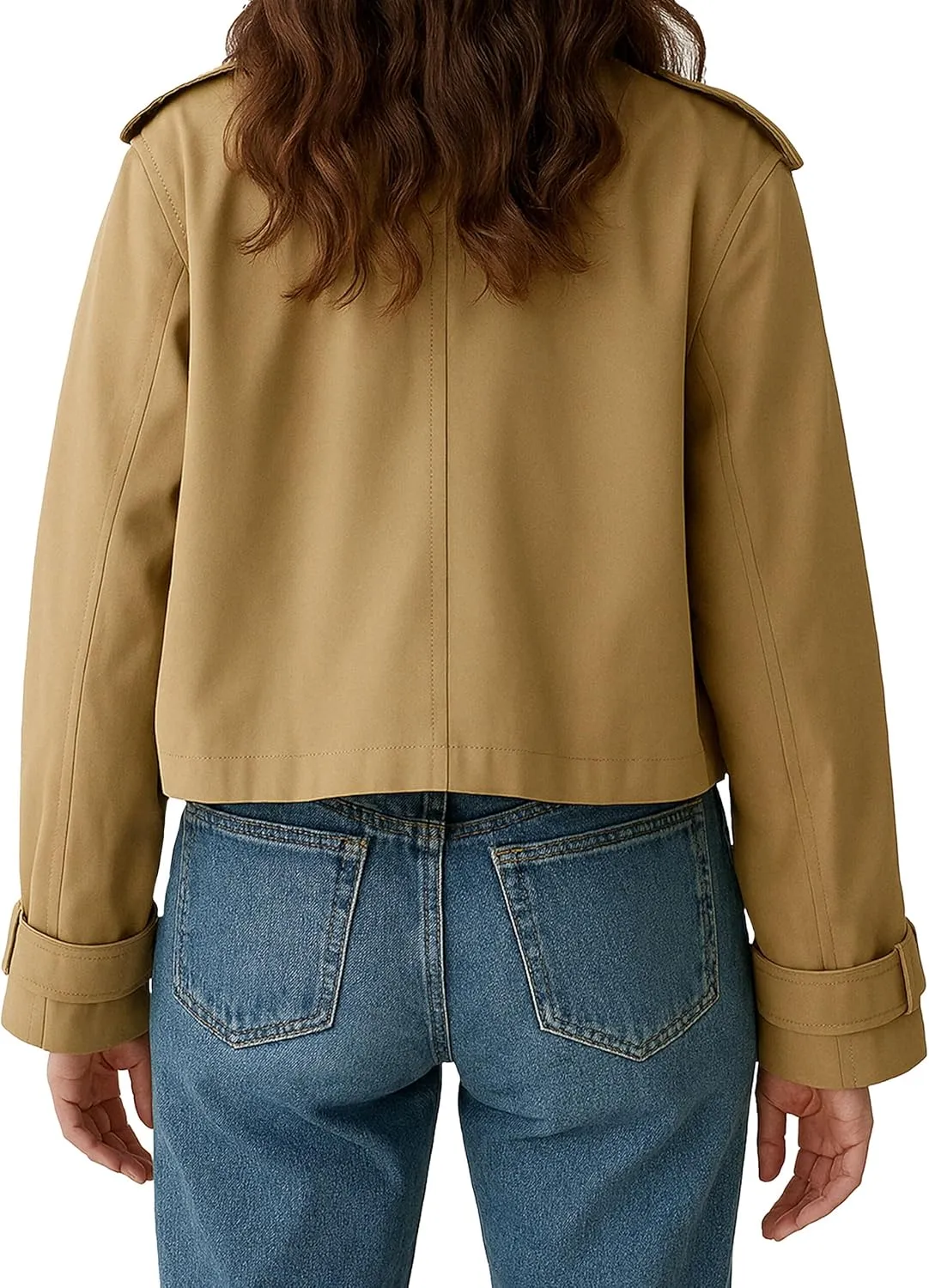 Womens Double Breasted Cropped Trench Coat Long Sleeve - Notched Lapel Crop Spring Short Jacket for Women
