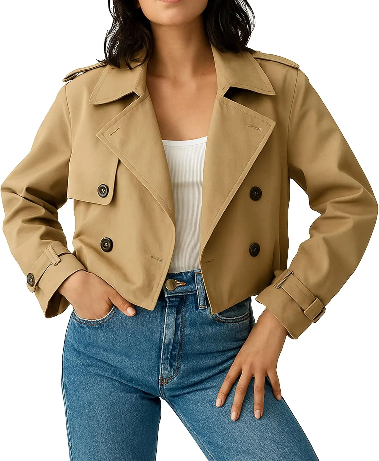 Womens Double Breasted Cropped Trench Coat Long Sleeve - Notched Lapel Crop Spring Short Jacket for Women