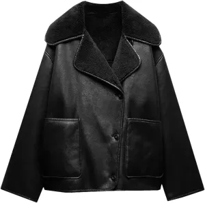 Women's Double-Sided Lapel Long-Sleeved Jacket with Fur Fleece Lined Leather Jacket for Women