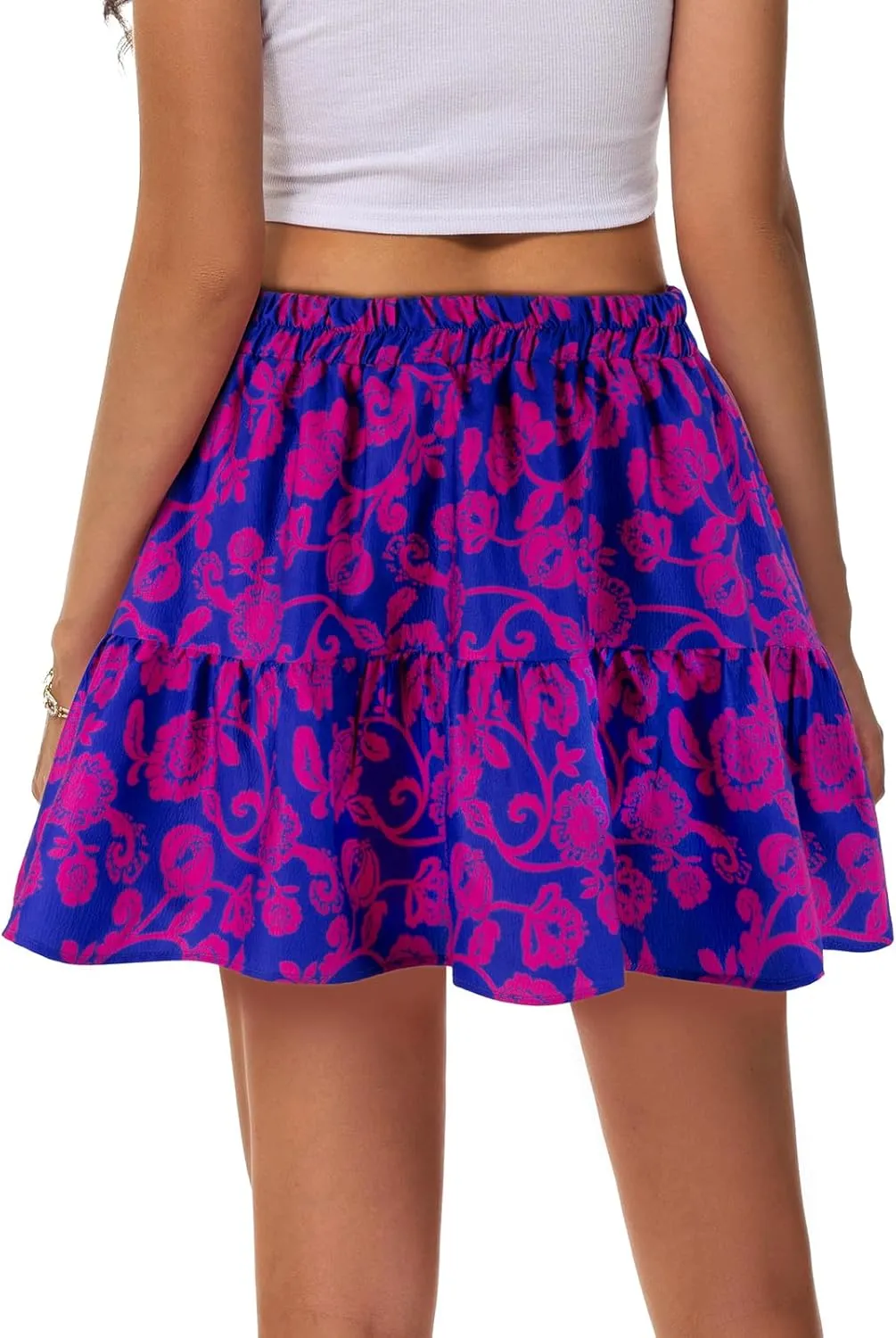 Womens Elastic High Waist Tiered Mini Skirt with Shorts Underneath Cute Boho Pleated Ruffle Skirt with Pockets