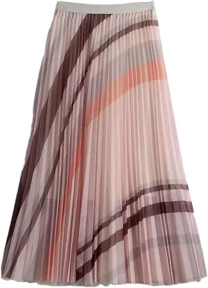 Women's Elastic High Waisted Contrasting Color Pleated A-Line Skirt Midi Mesh Tulle Skirt for Party Ball Gown