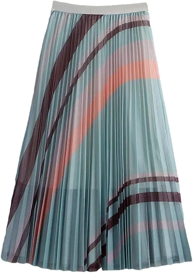 Women's Elastic High Waisted Contrasting Color Pleated A-Line Skirt Midi Mesh Tulle Skirt for Party Ball Gown