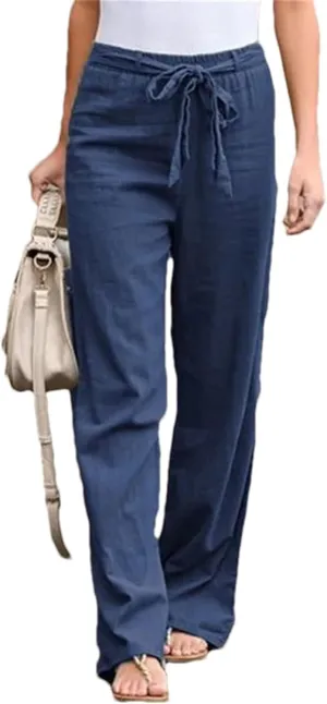 Women's Elastic Waist Cotton Linen Lace-Up Loose Thin Casual Vacation Pants