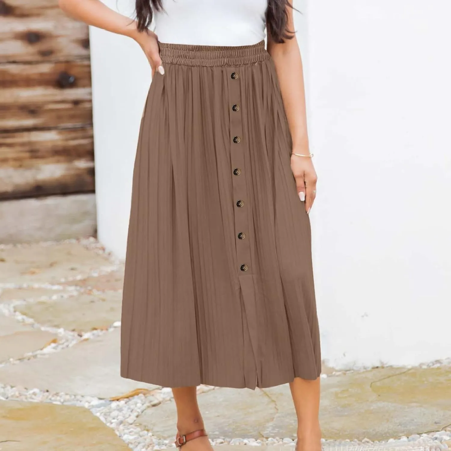 Women's Elastic Waist Party Shiny Accordion Pleated Midi Skirt Swimsuit Skirts