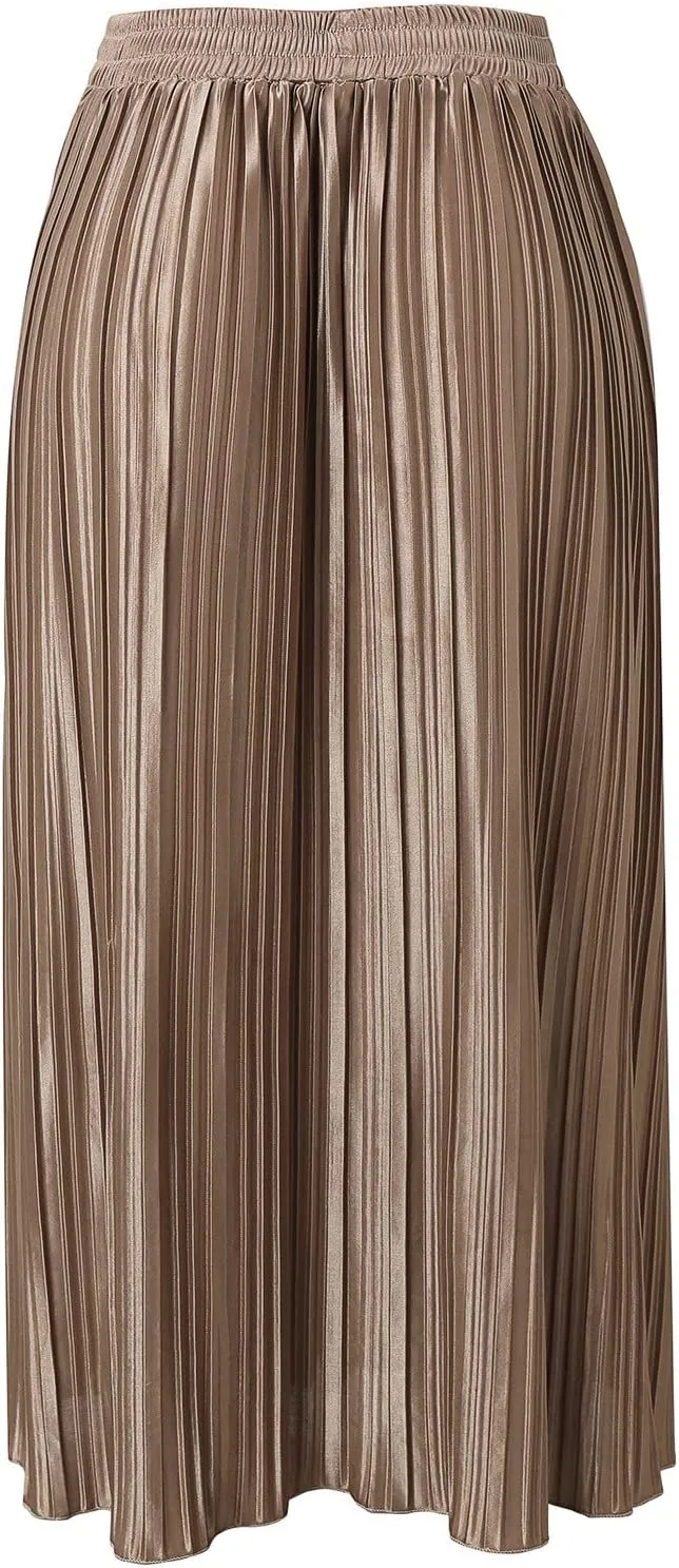 Women's Elastic Waist Party Shiny Accordion Pleated Midi Skirt Swimsuit Skirts