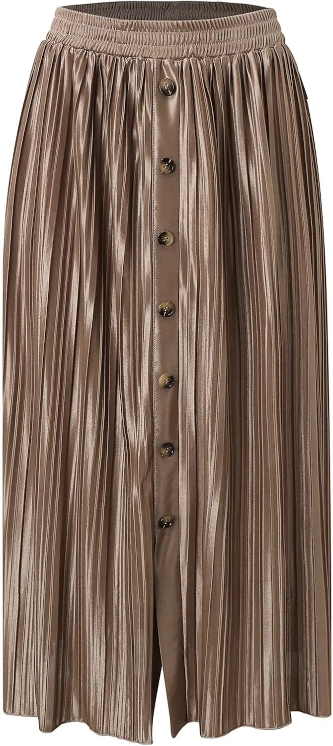 Women's Elastic Waist Party Shiny Accordion Pleated Midi Skirt Swimsuit Skirts