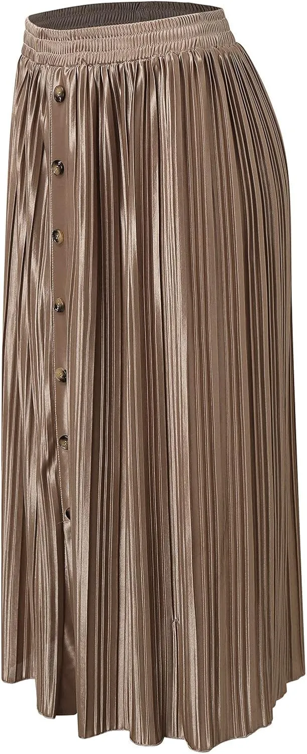 Women's Elastic Waist Party Shiny Accordion Pleated Midi Skirt Swimsuit Skirts