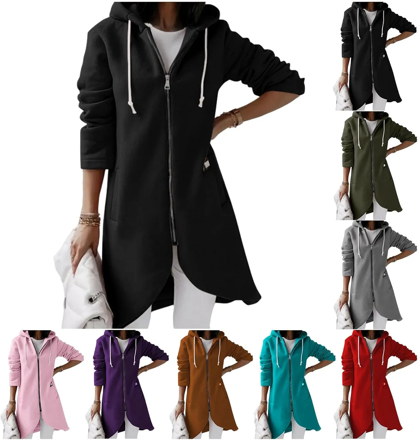 Women's Full Zip Up Hoodies Irregular Hem Long Sweatshirts Fleece Tunic Long Jacket Casual Loose Coat with Pockets