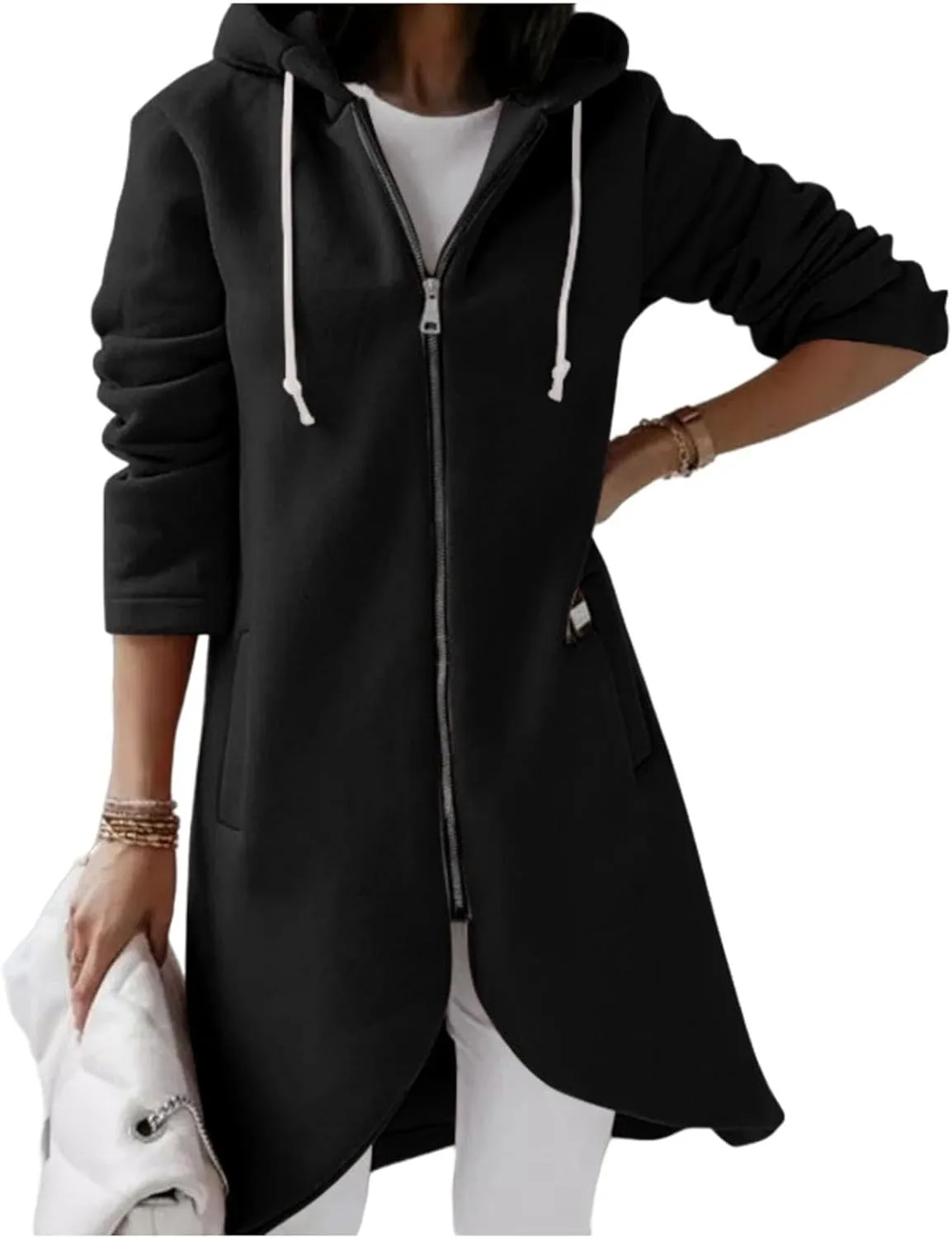 Women's Full Zip Up Hoodies Irregular Hem Long Sweatshirts Fleece Tunic Long Jacket Casual Loose Coat with Pockets