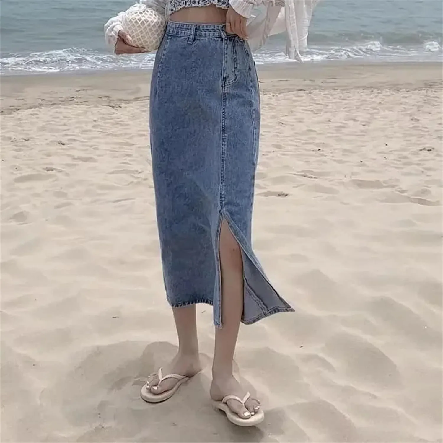 Women's High-Waisted Slimming Denim Skirt  Spring Summer Side Slit Medium-Length Casual Denim Midi Jean Skirt