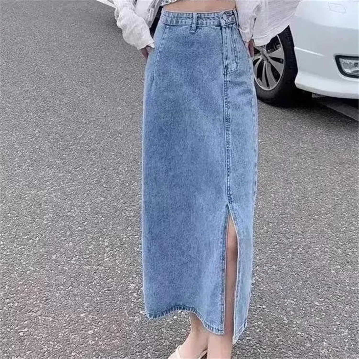 Women's High-Waisted Slimming Denim Skirt  Spring Summer Side Slit Medium-Length Casual Denim Midi Jean Skirt