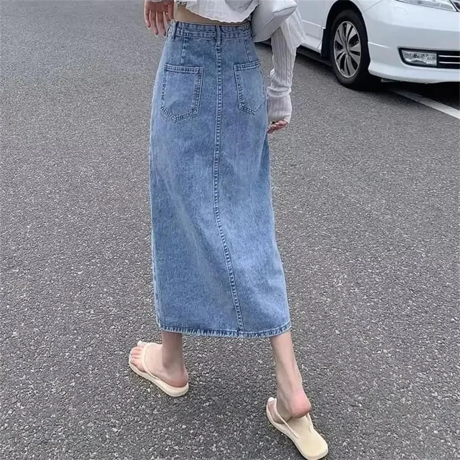 Women's High-Waisted Slimming Denim Skirt  Spring Summer Side Slit Medium-Length Casual Denim Midi Jean Skirt
