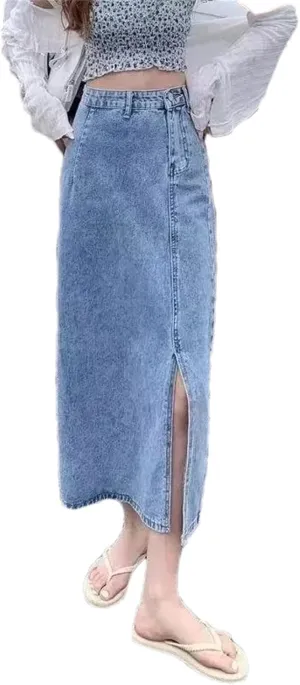 Women's High-Waisted Slimming Denim Skirt  Spring Summer Side Slit Medium-Length Casual Denim Midi Jean Skirt