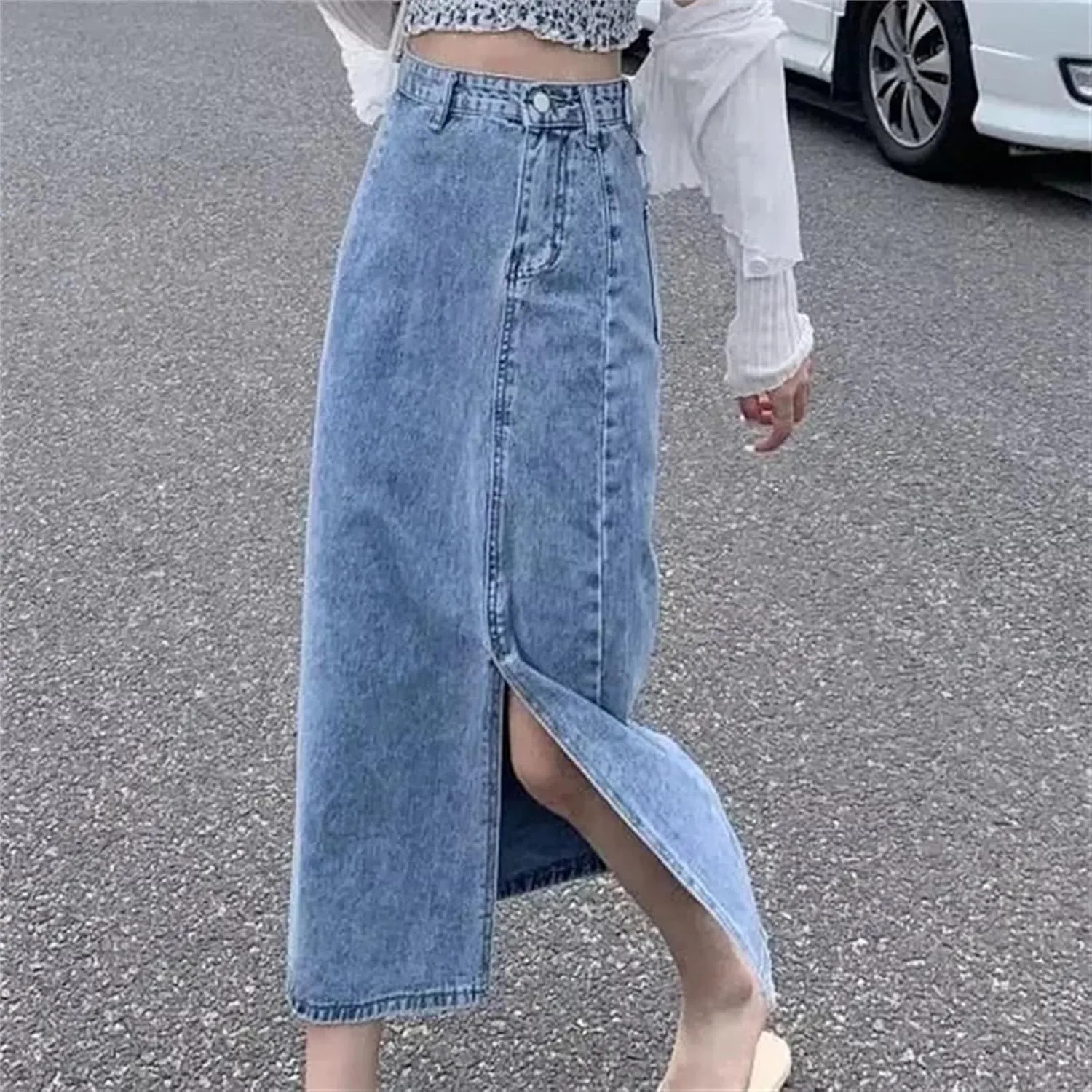 Women's High-Waisted Slimming Denim Skirt  Spring Summer Side Slit Medium-Length Casual Denim Midi Jean Skirt