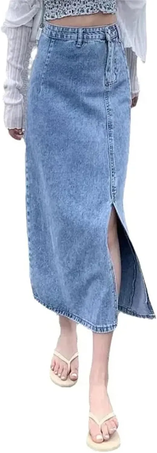 Women's High-Waisted Slimming Denim Skirt  Spring Summer Side Slit Medium-Length Casual Denim Midi Jean Skirt