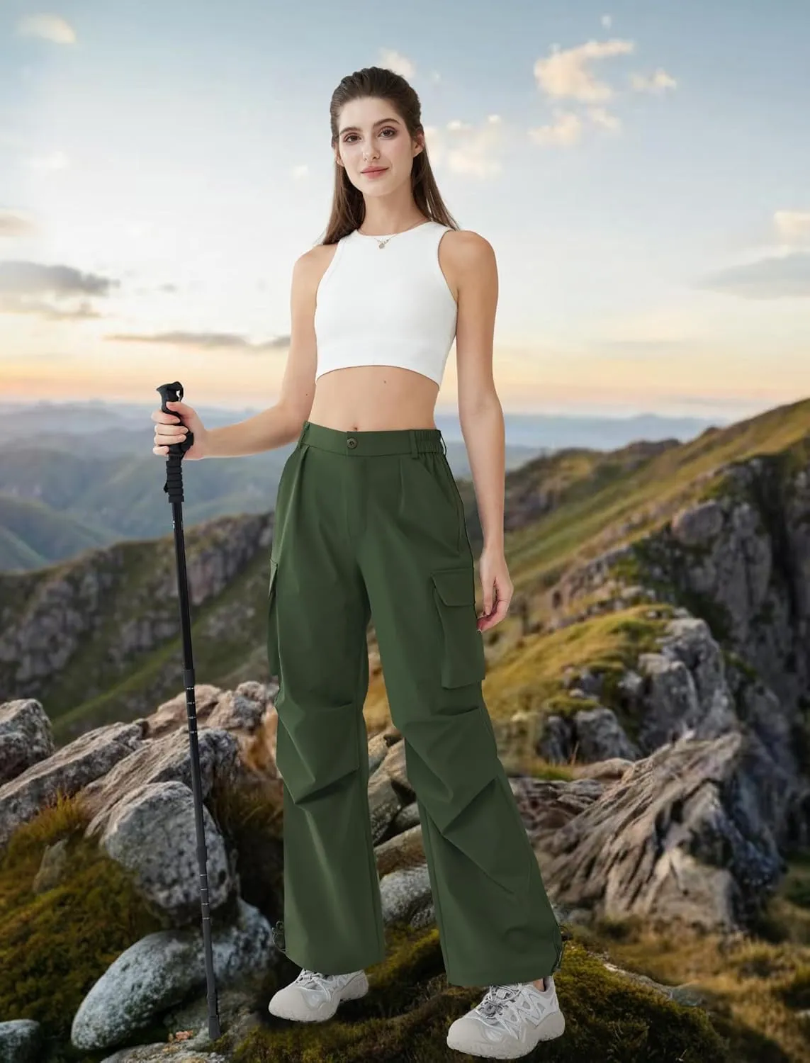 Womens Hiking Pants Wide Leg Cargo Pants Quick Dry Lightweight Water-Resistant Travel Casual Trousers with 4 Pockets