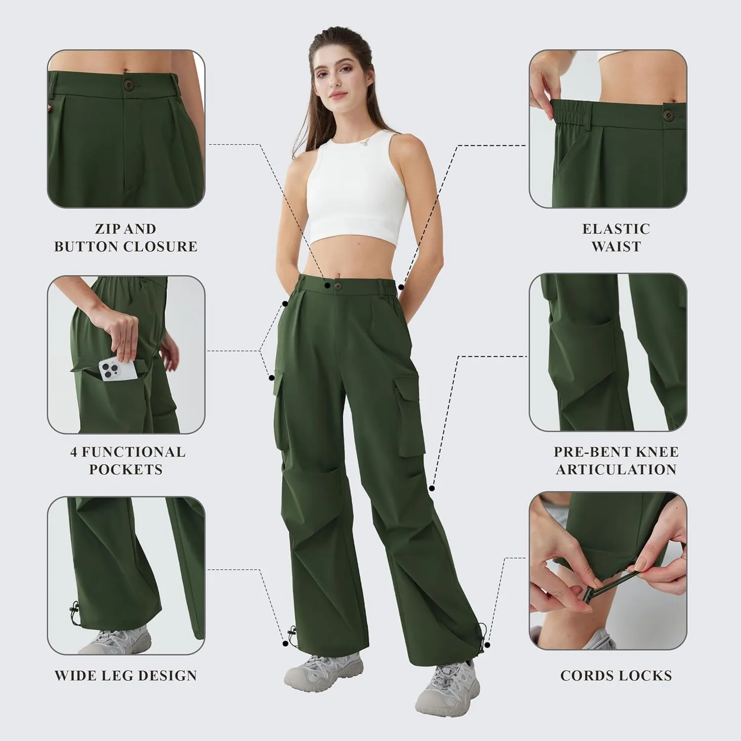 Womens Hiking Pants Wide Leg Cargo Pants Quick Dry Lightweight Water-Resistant Travel Casual Trousers with 4 Pockets