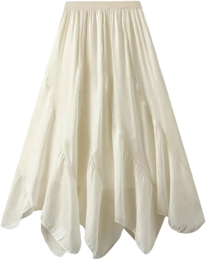 Womens Irregular A-Line Skirt Casual Midi Long High Waist Skirts Solid Elastic Waist Bohemian