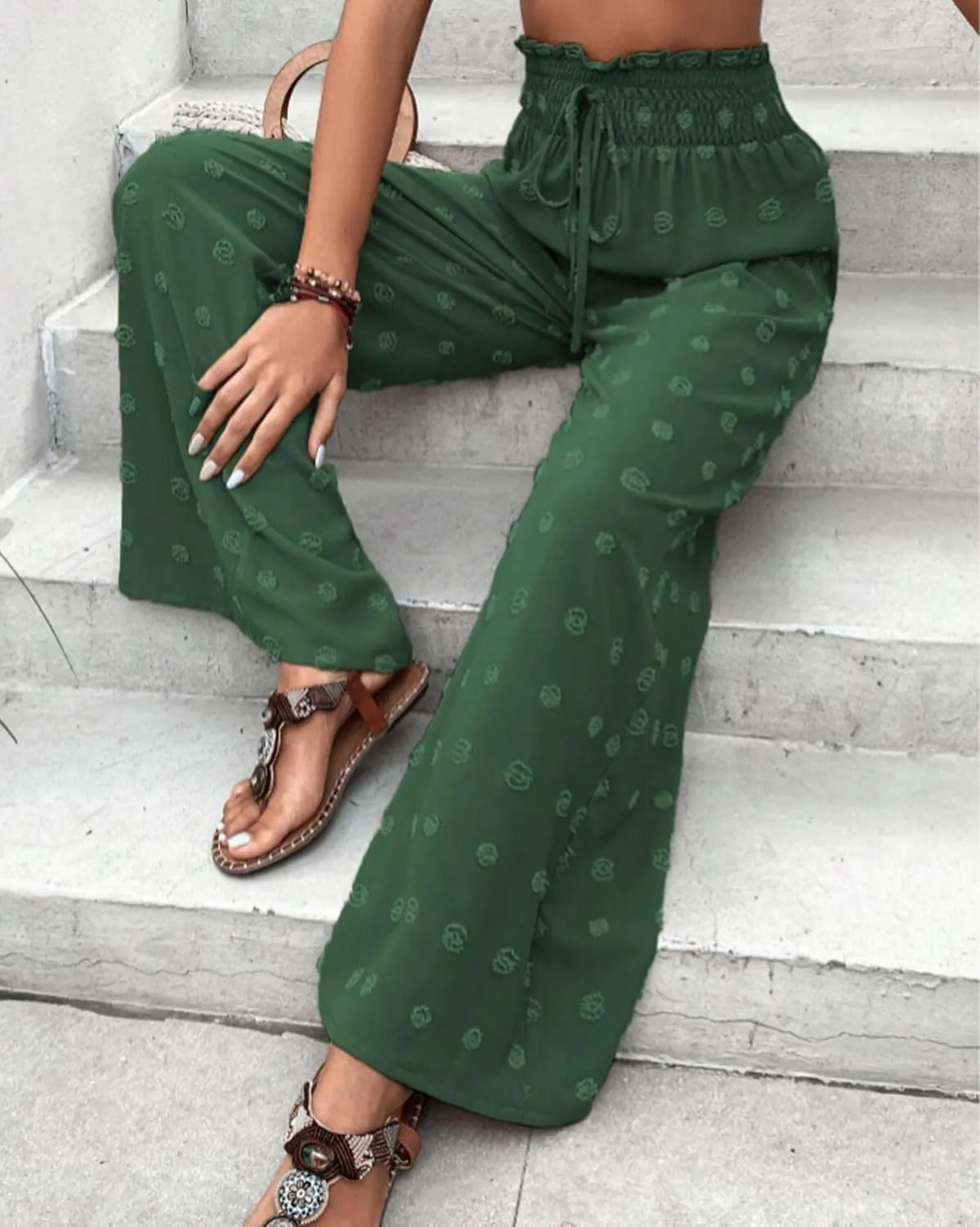 Women's Jacquard Wide Leg Pants with Pockets 2025 Spring Elegant High Waist Adjustable Knot Casual Loose Trousers